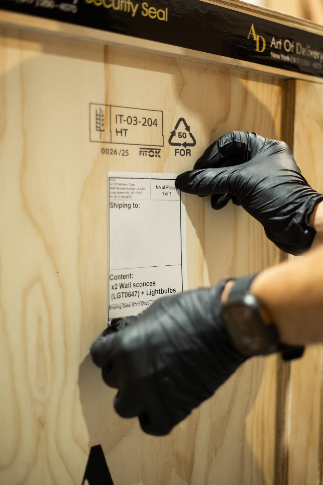 Shipping manifest label being applied to a sealed crate