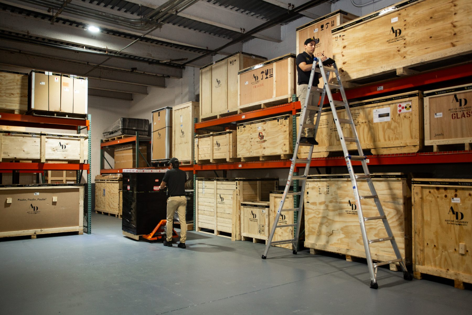 Climate-controlled warehouse with racked, barcoded crates